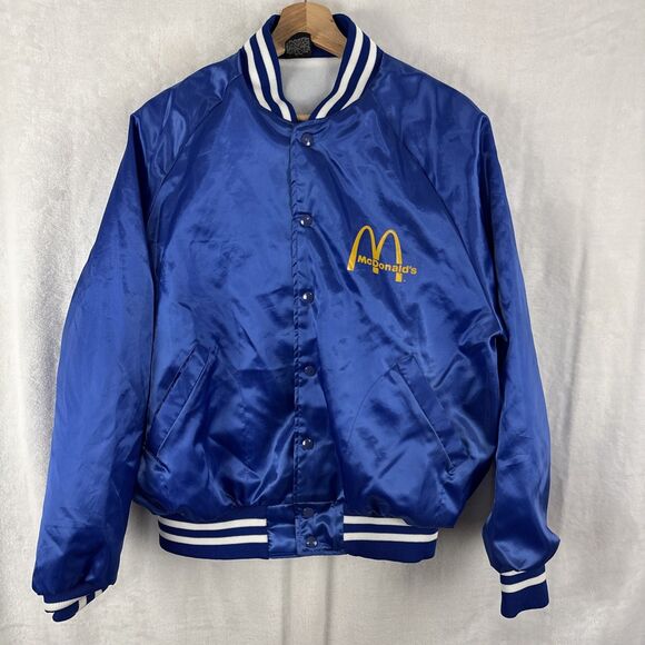 Vintage 80’s 90’s McDonald’s Satin Bomber Jacket Size Large Blue Aristo Jac - Picture 1 of 7